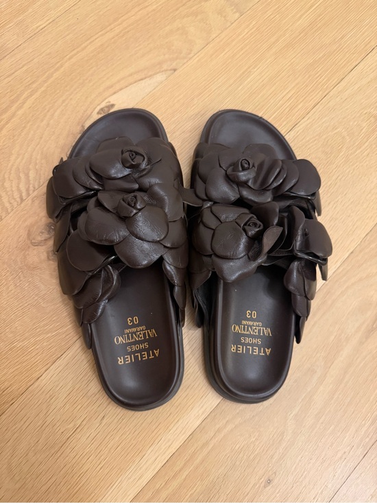 Valentino Garavani Shoes - Valentino Garavani Brown Floral Leather Slide Sandals
